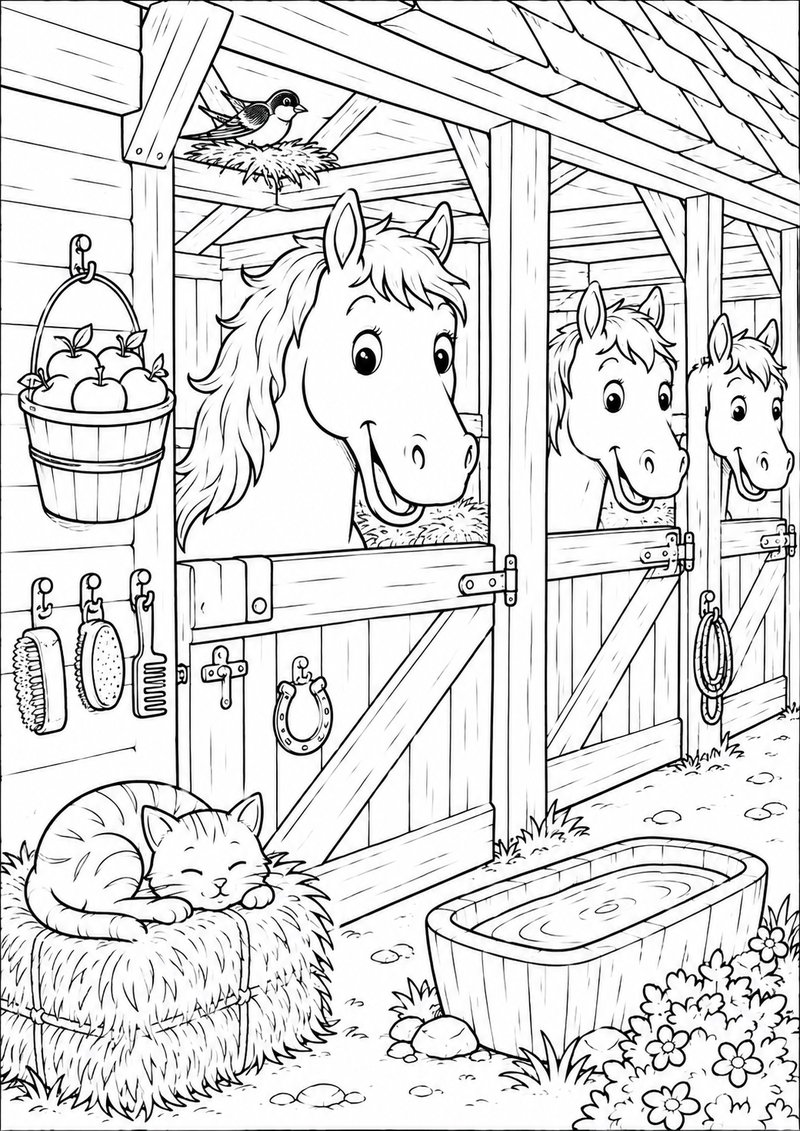 Caballos En El Establo Para Colorear dibujo para colorear