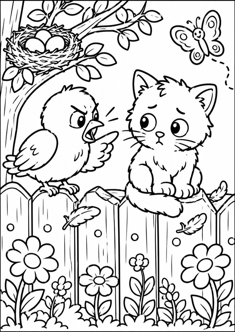 Gatito Y El Pajarito Para Colorear dibujo para colorear