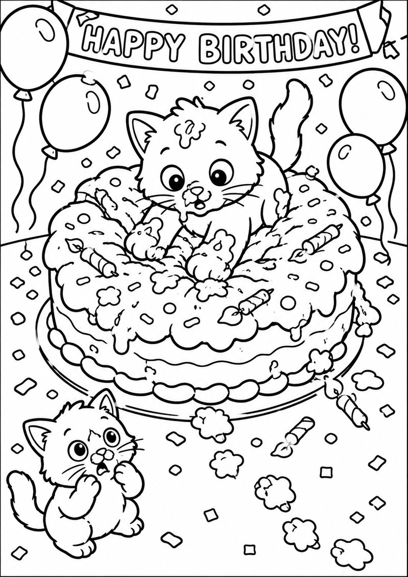 Gatito Y El Pastel De Cumpleaños Para Colorear dibujo para colorear