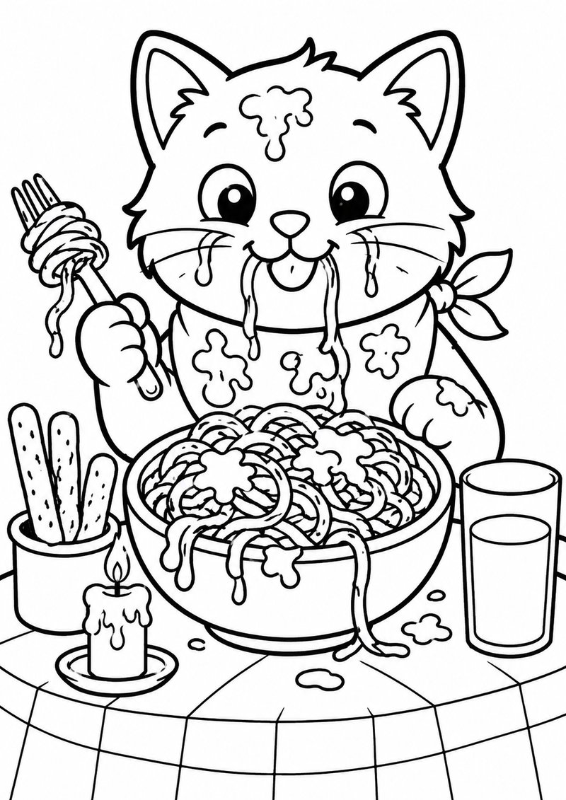 Gatito Y Los Espaguetis Para Colorear dibujo para colorear