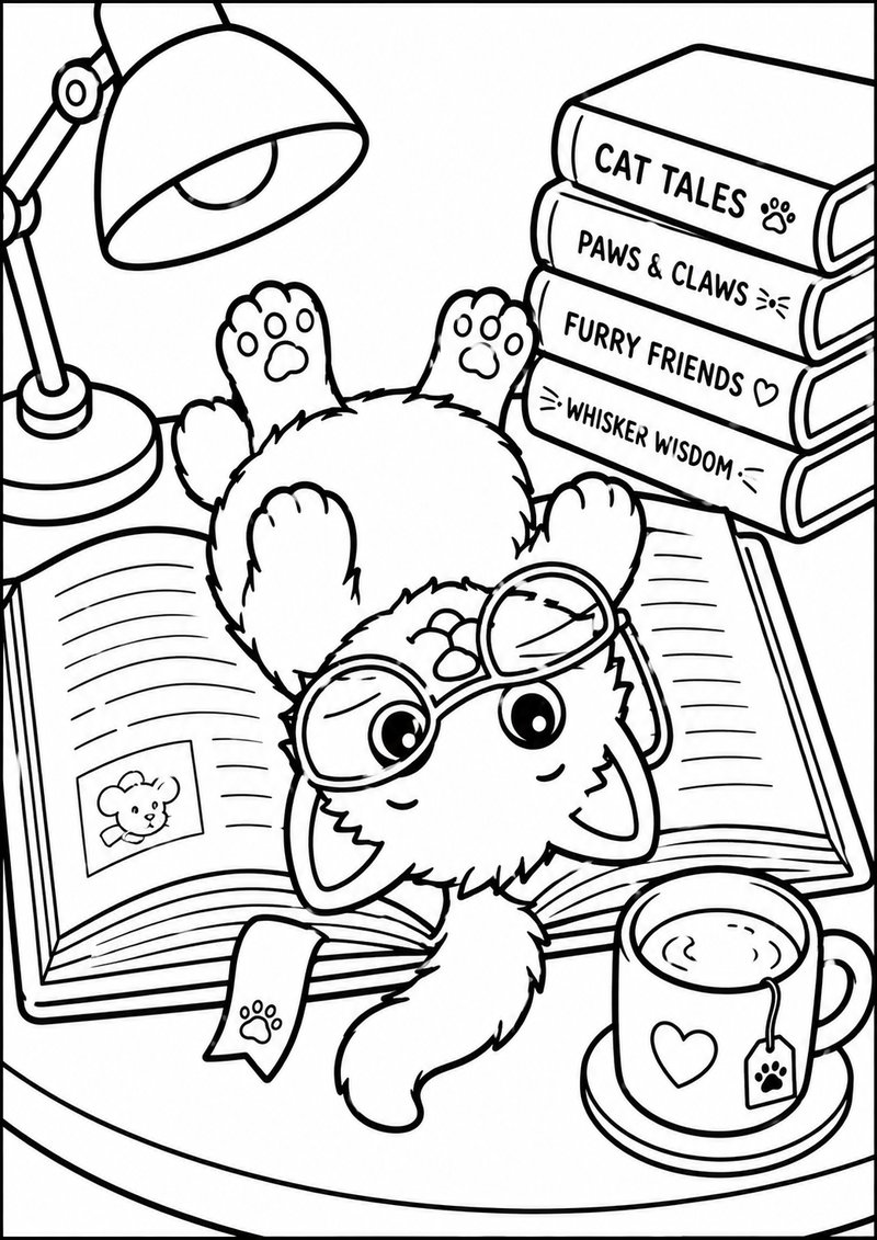Gatito Y Los Libros Para Colorear dibujo para colorear