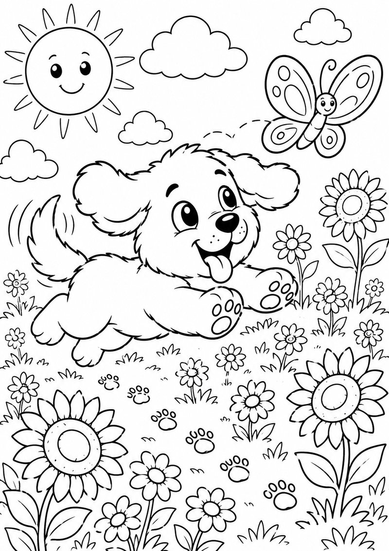 Perrito Cazando Una Mariposa Para Colorear dibujo para colorear