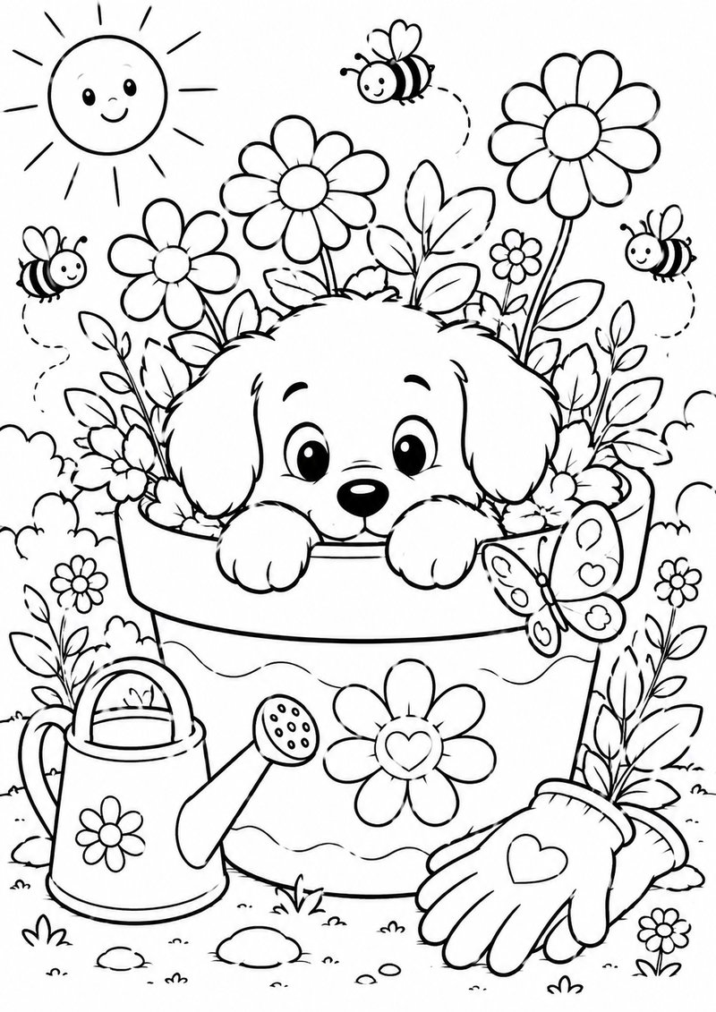 Perrito En El Jardín Para Colorear dibujo para colorear