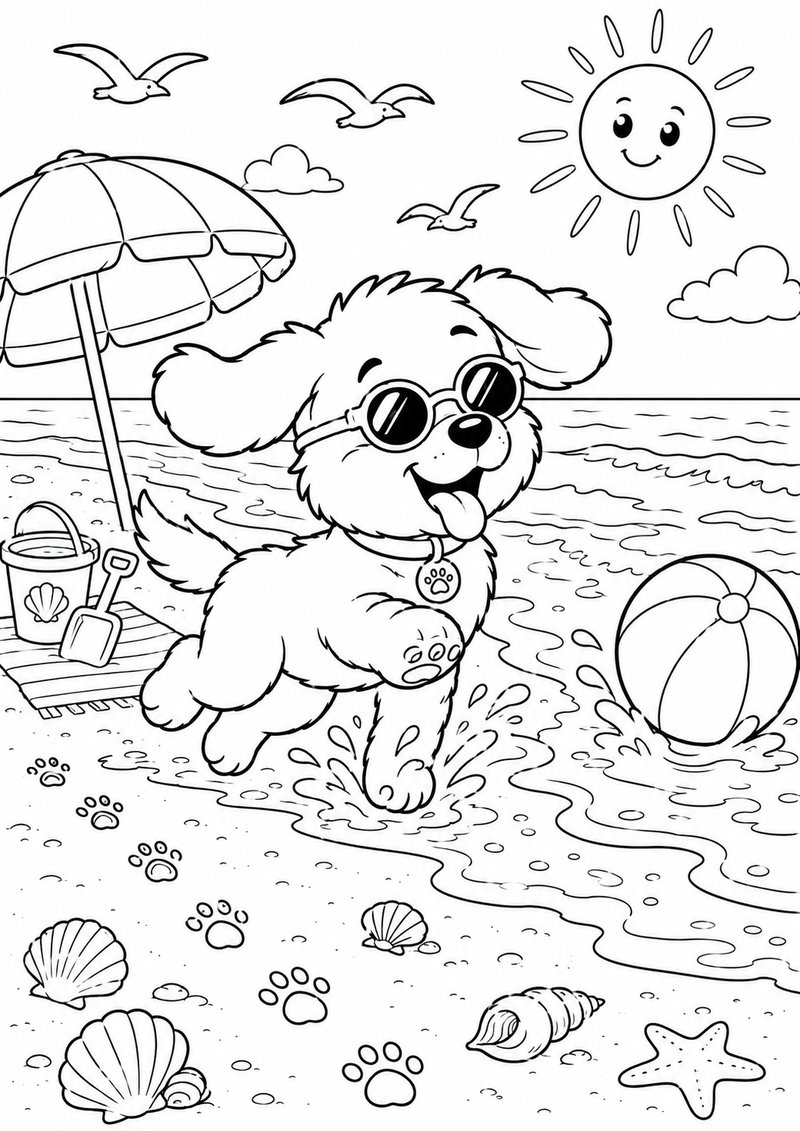 Perrito En La Playa Para Colorear dibujo para colorear
