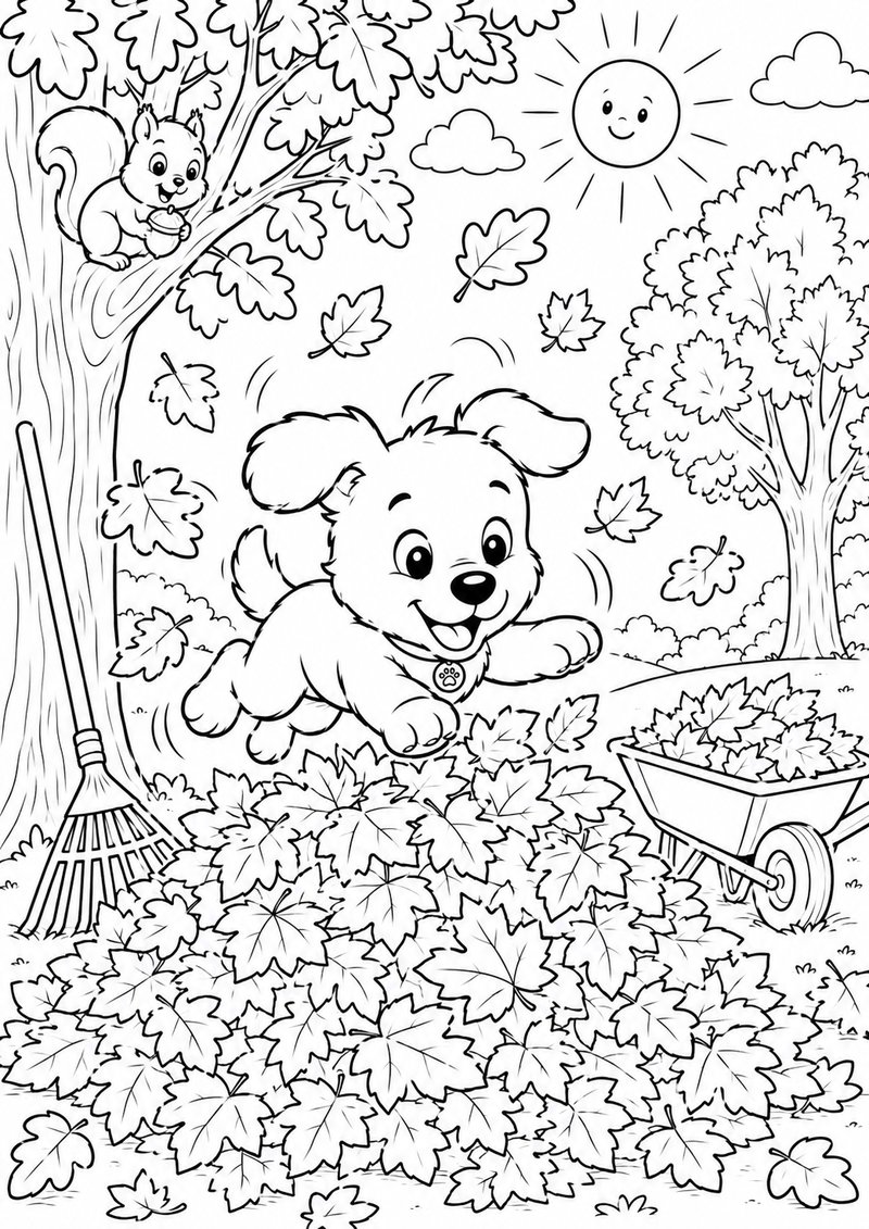 Perrito Jugando Con Las Hojas Para Colorear.png dibujo para colorear