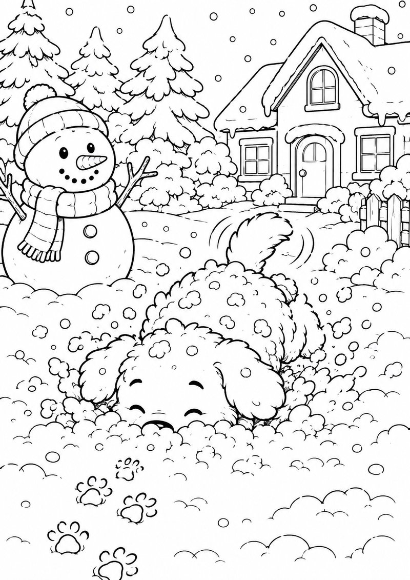Perrito Jugando En La Nieve Para Colorear dibujo para colorear