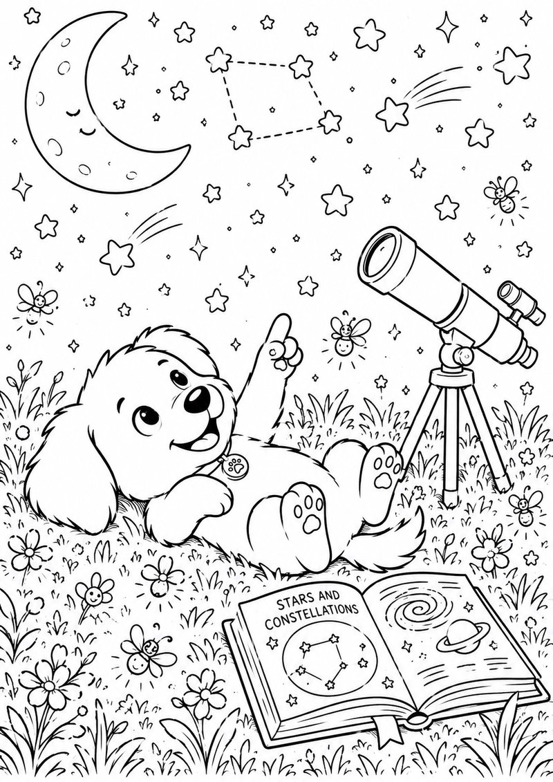 Perrito Observando El Universo Para Colorear dibujo para colorear